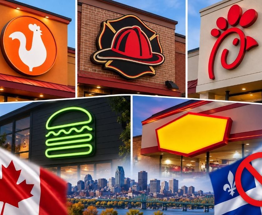 A collage of restaurant signs and flags. Top left is a Popeyes chicken logo. Top center is a Firehouse Subs logo. Top right is a Chick-fil-A logo. Bottom left is a Shake Shack burger logo. Bottom right is a blank yellow hexagonal sign. Overlaid on a cityscape of Montreal, a Canadian flag is on the left, and a Quebec flag with a red 'no' symbol is on the right.
