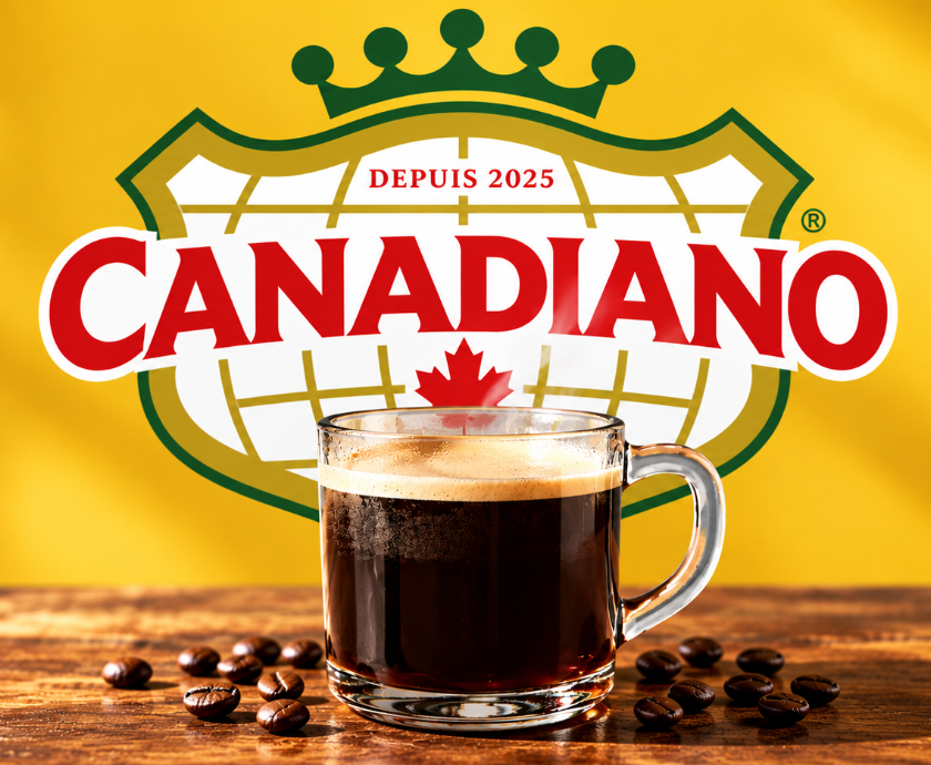 A clear glass mug filled with dark coffee and a layer of light brown crema sits on a rustic wooden table, surrounded by scattered dark roasted coffee beans. In the bright yellow background, a large logo features a green and gold shield with a crown, the red word 'CANADIANO' (with a maple leaf below it) over a globe pattern, and the text 'DEPUIS 2025'.