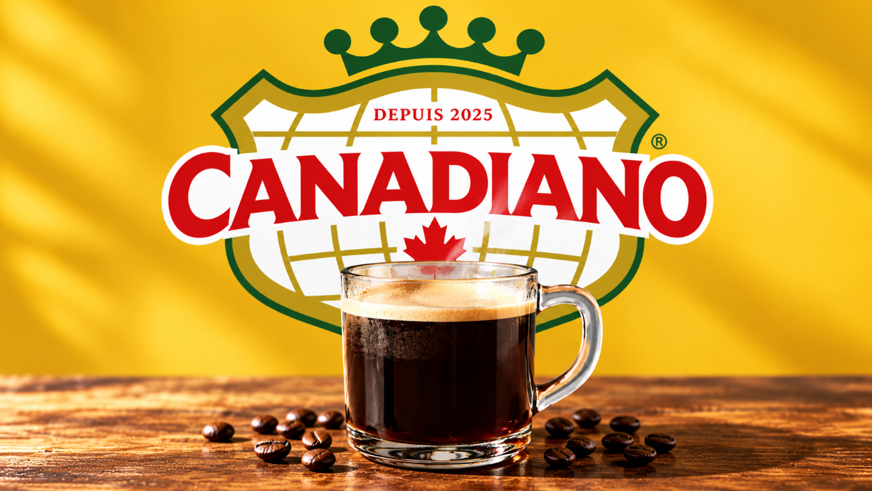 A clear glass mug filled with dark coffee and a layer of light brown crema sits on a rustic wooden table, surrounded by scattered dark roasted coffee beans. In the bright yellow background, a large logo features a green and gold shield with a crown, the red word 'CANADIANO' (with a maple leaf below it) over a globe pattern, and the text 'DEPUIS 2025'.