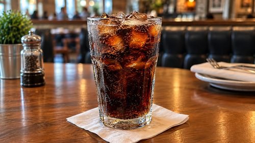 A tall glass of dark brown cola with ice and many bubbles sits on a white napkin on a wooden table. To the left is a small potted plant and a pepper grinder. In the background, out of focus, are dark booths and people dining in a restaurant.