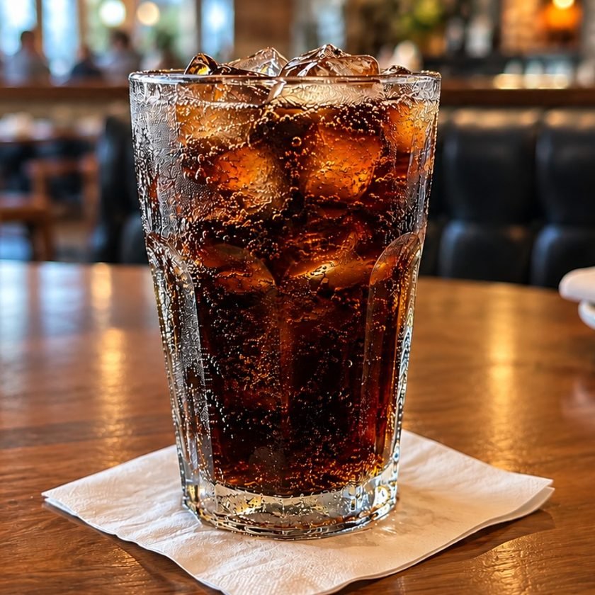 A tall glass of dark brown cola with ice and many bubbles sits on a white napkin on a wooden table. To the left is a small potted plant and a pepper grinder. In the background, out of focus, are dark booths and people dining in a restaurant.