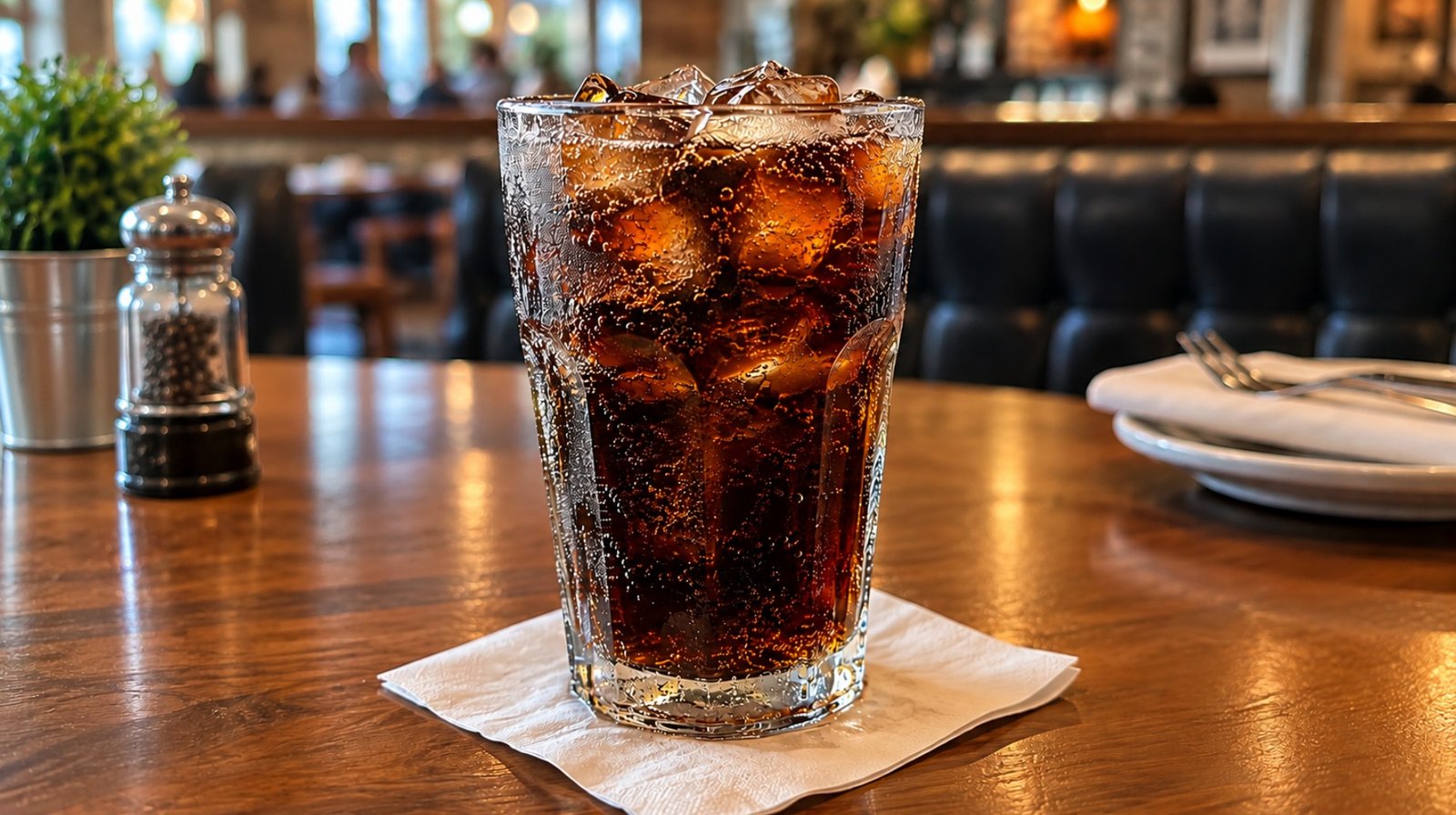 A glass of dark soda with ice cubes and visible carbonation bubbles sits on a white napkin on a polished wooden table. In the background, a blurred restaurant setting shows a green potted plant, a pepper grinder, and dark leather booth seating with people dining.