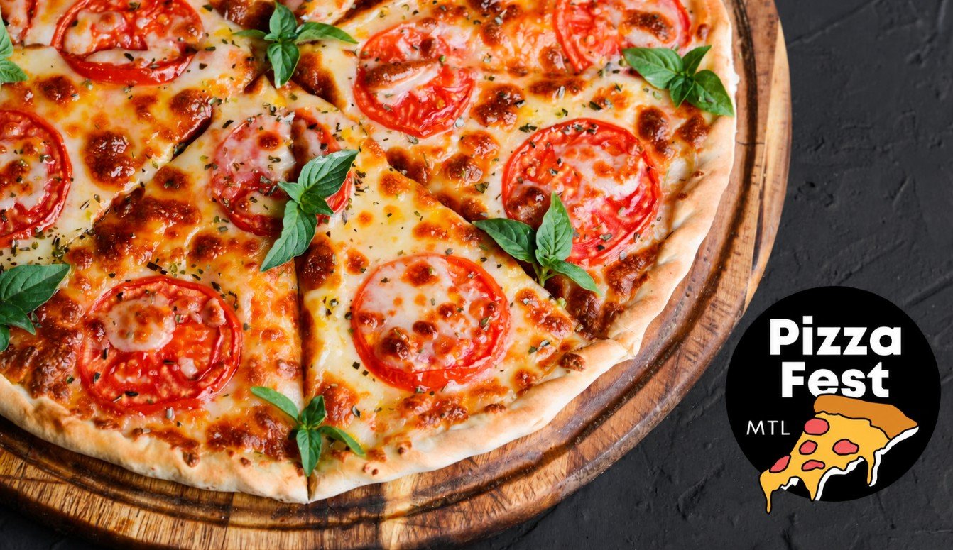 A close-up shot of a freshly baked Margherita pizza with melted cheese, bright red tomato slices, and fresh green basil leaves, resting on a rustic wooden cutting board. The pizza is cut into slices, revealing its golden-brown crust and bubbly cheese. In the bottom right corner, a black circular logo reads "Pizza Fest MTL" in white text, with a cartoon slice of pizza dripping cheese below it.