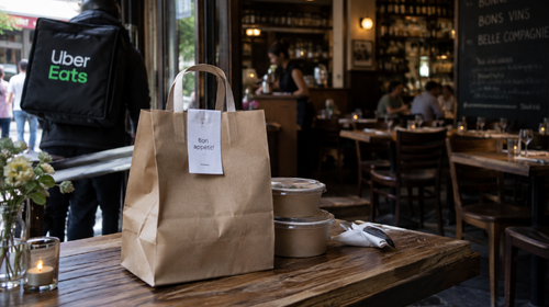 An Uber Eats delivery person with a large black backpack stands at the entrance of a dimly lit restaurant, waiting for a brown paper bag with 'Bon appétit!' written on a tag, and two round takeout containers on a wooden table. The restaurant interior features dark wood furniture, a bar in the background, and several patrons dining at tables.