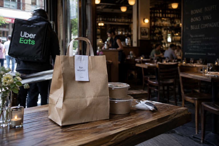 An Uber Eats delivery person with a large black backpack stands at the entrance of a dimly lit restaurant, waiting for a brown paper bag with 'Bon appétit!' written on a tag, and two round takeout containers on a wooden table. The restaurant interior features dark wood furniture, a bar in the background, and several patrons dining at tables.