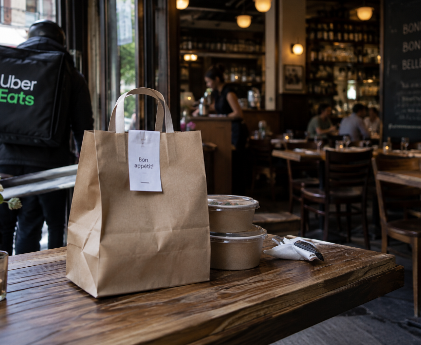 An Uber Eats delivery person with a large black backpack stands at the entrance of a dimly lit restaurant, waiting for a brown paper bag with 'Bon appétit!' written on a tag, and two round takeout containers on a wooden table. The restaurant interior features dark wood furniture, a bar in the background, and several patrons dining at tables.