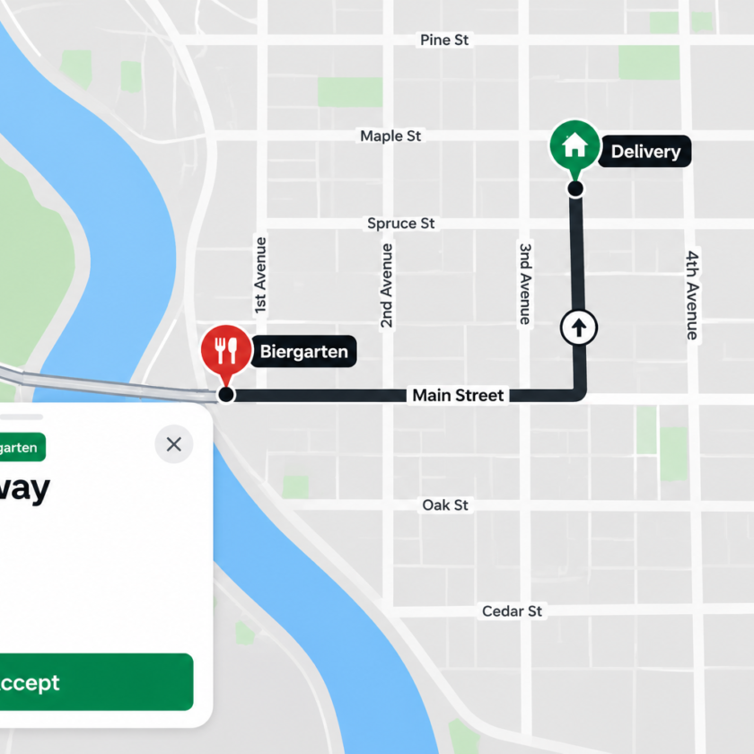 A screenshot of a food delivery app showing a map with a route from 'Biergarten' (a restaurant marked with a red fork and knife icon) on Main Street to a 'Delivery' location (a house icon) on 3rd Avenue. A pop-up window indicates 'Delivery from Biergarten, 3 mins away, 0.9 km away' with an 'Accept' button at the bottom.