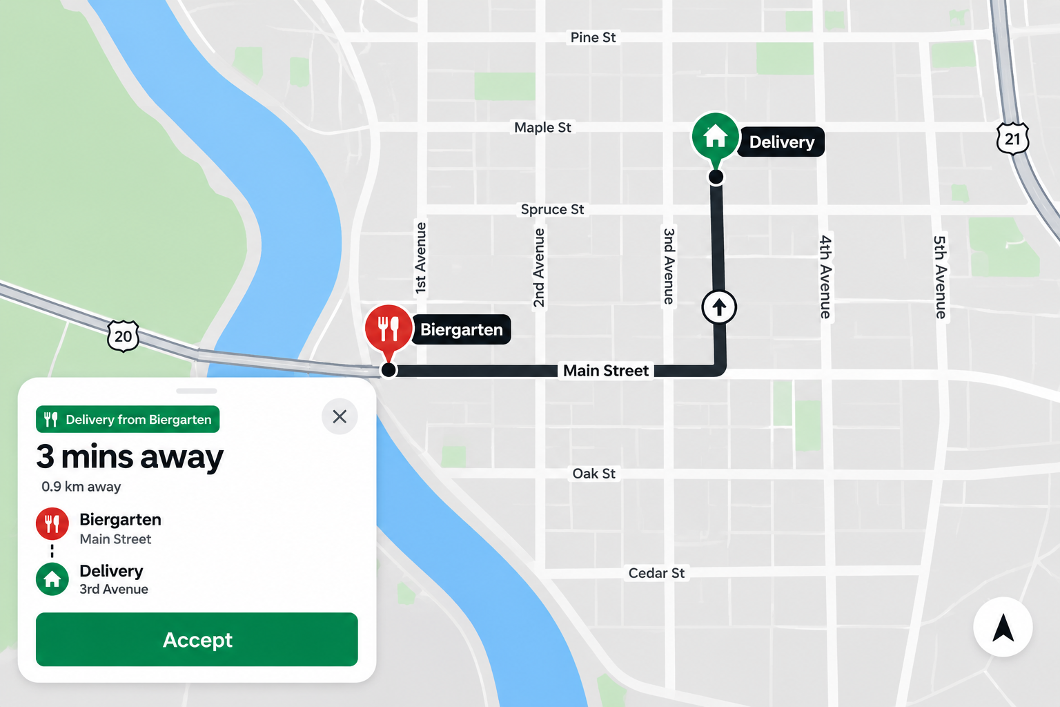 A screenshot of a food delivery app showing a map with a route from 'Biergarten' (a restaurant marked with a red fork and knife icon) on Main Street to a 'Delivery' location (a house icon) on 3rd Avenue. A pop-up window indicates 'Delivery from Biergarten, 3 mins away, 0.9 km away' with an 'Accept' button at the bottom.
