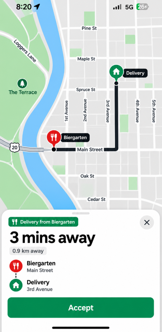 A screenshot of a food delivery app showing a map with a route from 'Biergarten' (a restaurant marked with a red fork and knife icon) on Main Street to a 'Delivery' location (a house icon) on 3rd Avenue. A pop-up window indicates 'Delivery from Biergarten, 3 mins away, 0.9 km away' with an 'Accept' button at the bottom.
