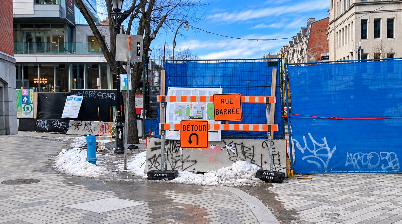 Montreal street construction with roadwork, barriers, detours and heavy equipment disrupting access along a city street.