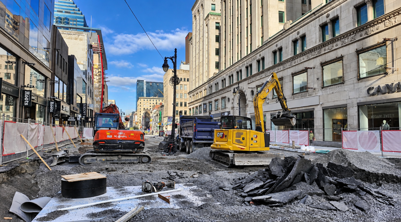 Montreal street construction with roadwork, barriers, detours and heavy equipment disrupting access along a city street.