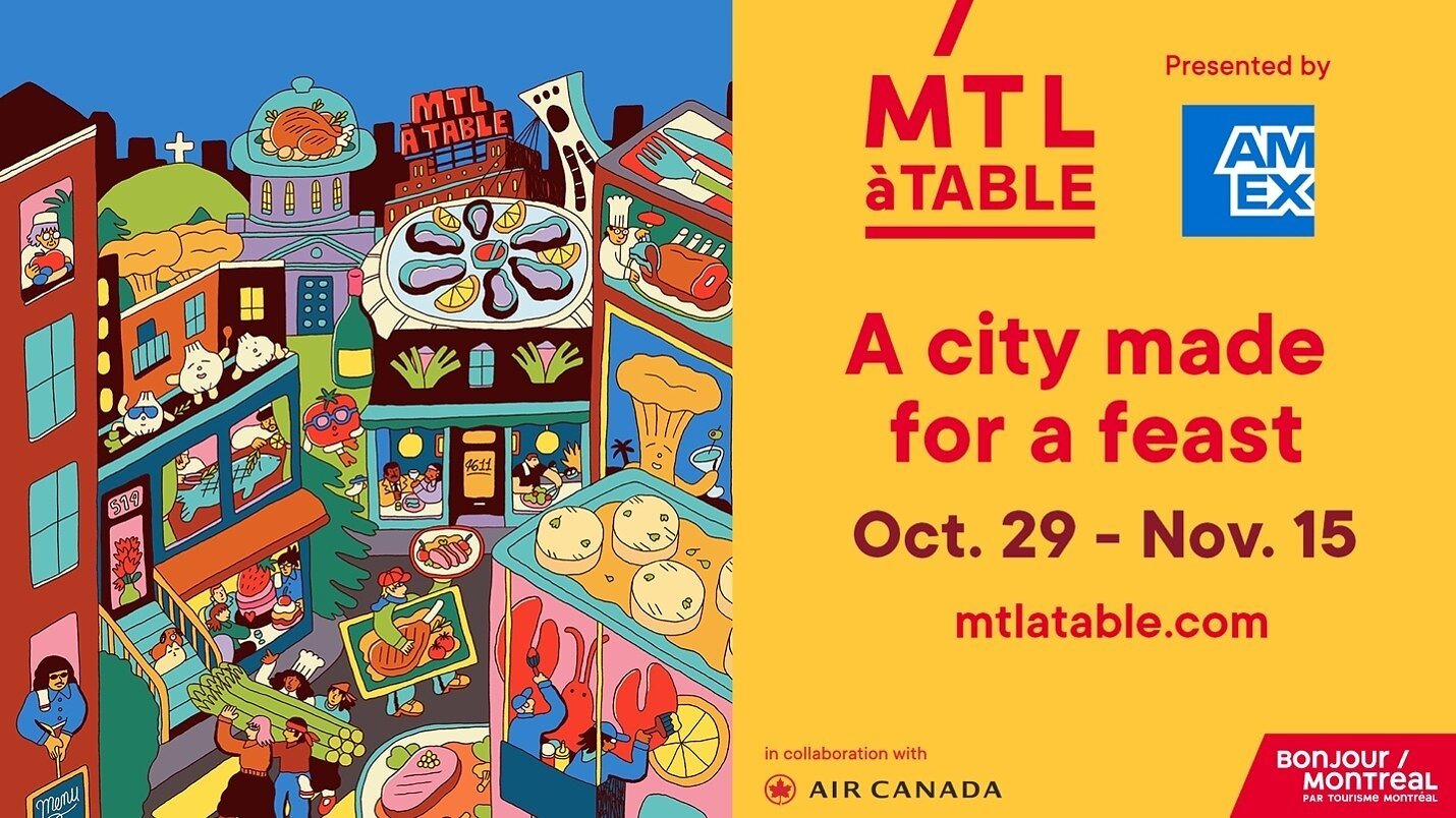 An illustrated promotional poster for the MTL à Table food festival features a vibrant, whimsical cityscape filled with food imagery on the left, paired with yellow text on the right announcing 'A city made for a feast' from Oct. 29 to Nov. 15, presented by Amex.