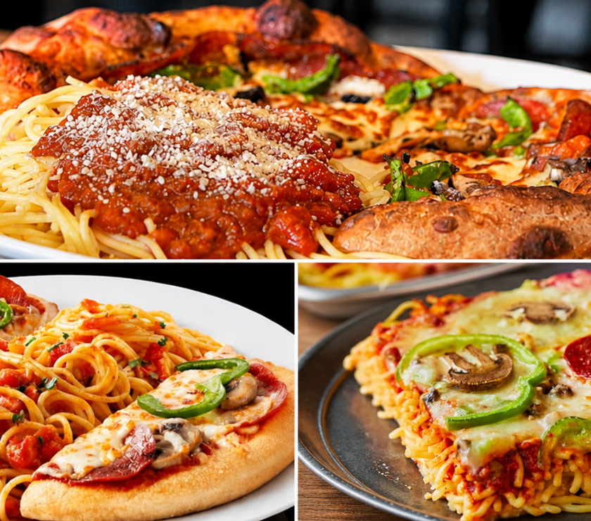 A collage showing three plates of food that combine pizza and spaghetti in different ways, including a pizza topped with spaghetti and meat sauce, a plate of spaghetti flanked by pizza slices, and a pizza crust made out of baked spaghetti.