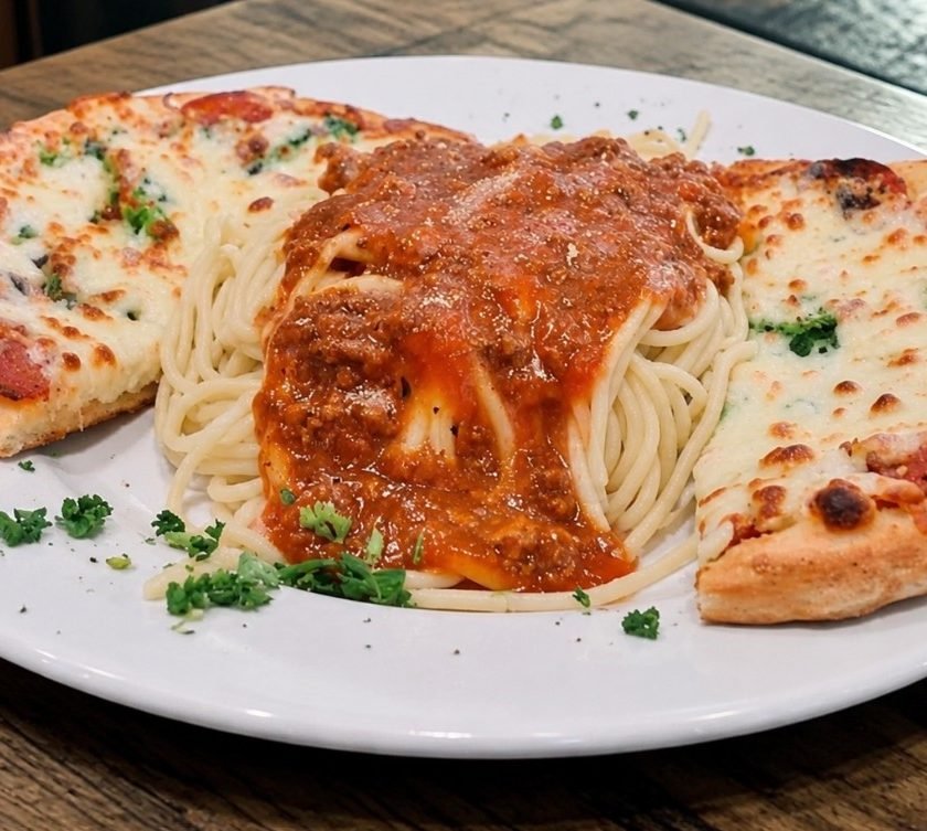 A white plate holds a serving of spaghetti topped with thick meat sauce, flanked on both sides by slices of pepperoni pizza on a wooden tabletop.