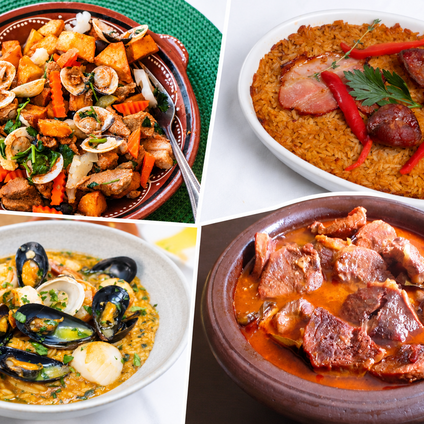 A collage showing four traditional Portuguese dishes: a clay dish of pork and clams with cubed potatoes, a white oval casserole of rice topped with sausage and bacon, a bowl of seafood rice with mussels and clams, and a clay bowl of meat stew in a rich red sauce.